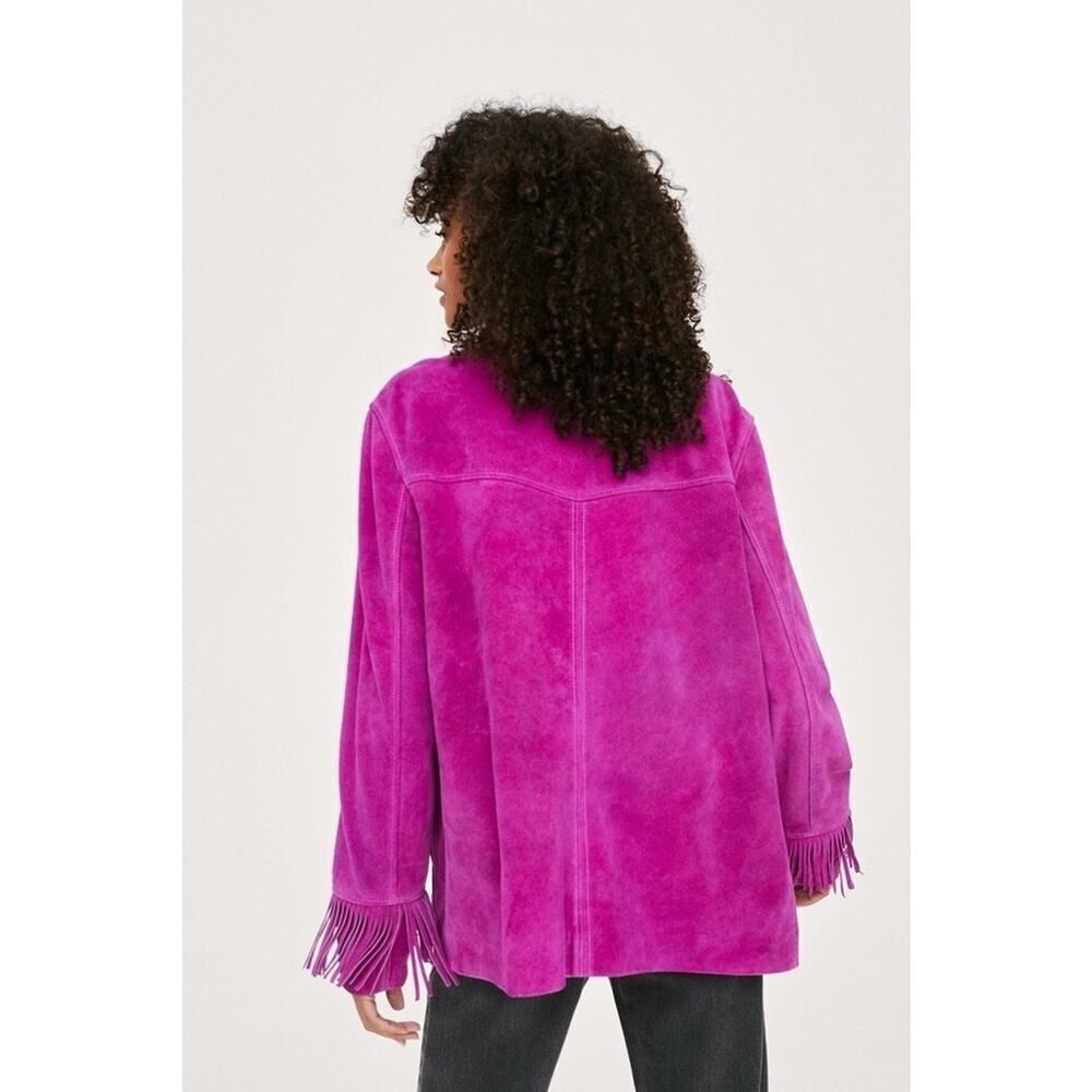 Nasty Gal Real Suede Fringe Jacket Orchid Pink Western Boho Oversized US 6 - Picture 3 of 13